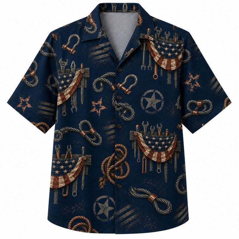 Labor Day Hawaiian Shirt with Flag Rope Wrench Print for Men and Women