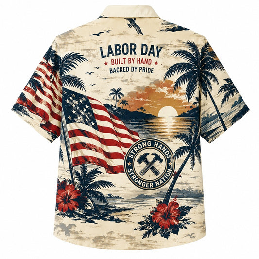 Labor Day Hawaiian Shirt with Labor Day Flag Sunset Print for Men and Women