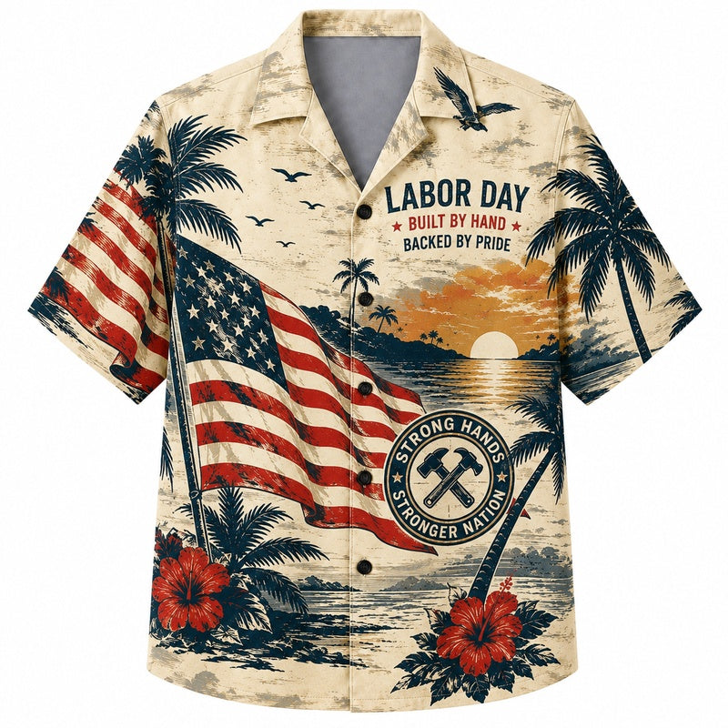 Labor Day Hawaiian Shirt with Labor Day Flag Sunset Print for Men and Women