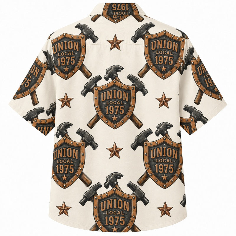 Labor Day Hawaiian Shirt with Union Hammer Emblem Print for Men and Women
