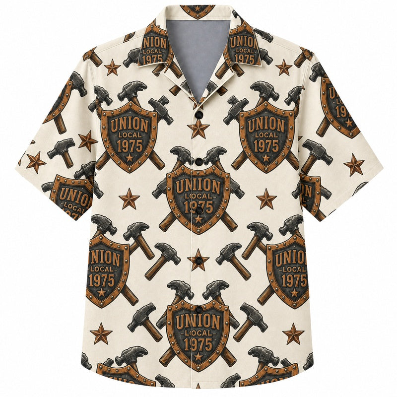 Labor Day Hawaiian Shirt with Union Hammer Emblem Print for Men and Women