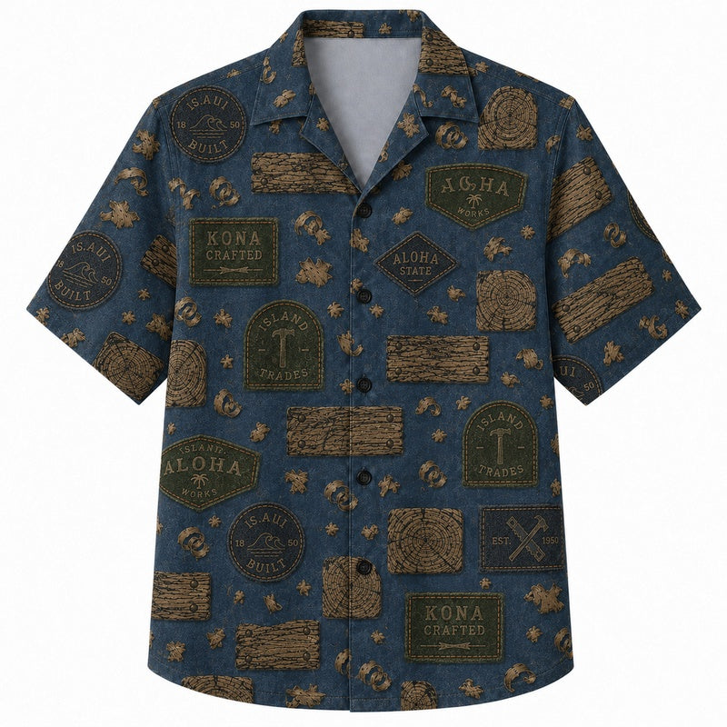 Labor Day Hawaiian Shirt- Wood Grain Aloha Tag Print for Men