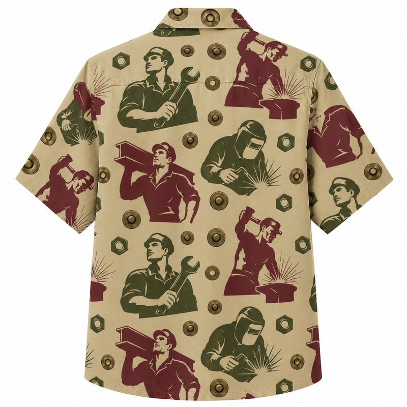 Labor Day Hawaiian Shirt- Worker Portrait and Bolt Print for Weekend Wear