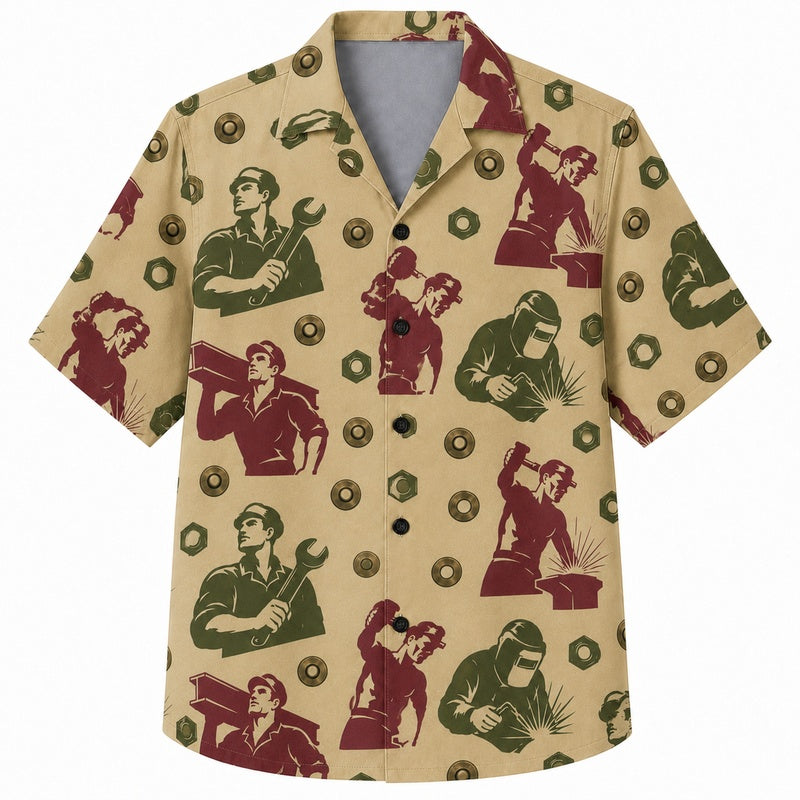 Labor Day Hawaiian Shirt- Worker Portrait and Bolt Print for Weekend Wear