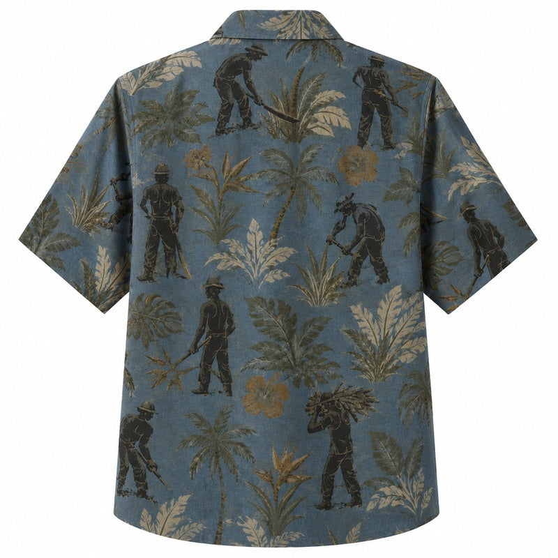 Labor Day Hawaiian Shirt- Worker Silhouette and Palm Print for Weekend Wear