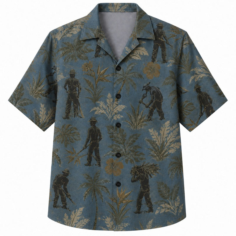 Labor Day Hawaiian Shirt- Worker Silhouette and Palm Print for Weekend Wear