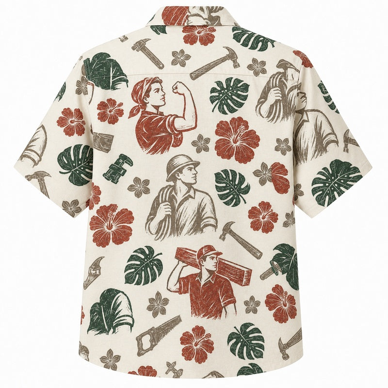 Labor Day Hawaiian Shirt- Working Hero and Hibiscus Print for Summer