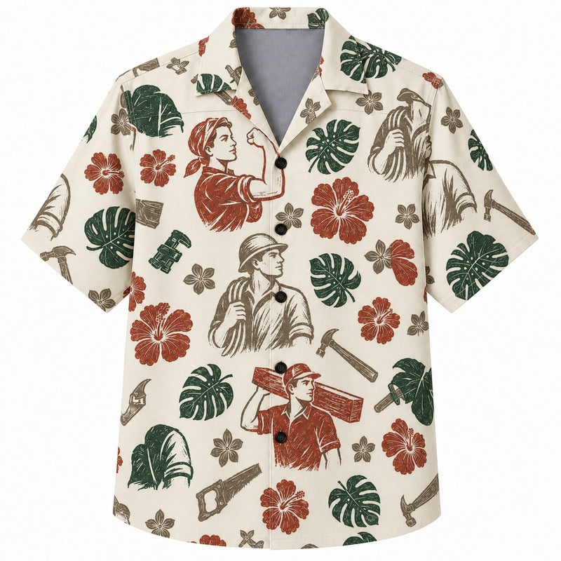 Labor Day Hawaiian Shirt- Working Hero and Hibiscus Print for Summer