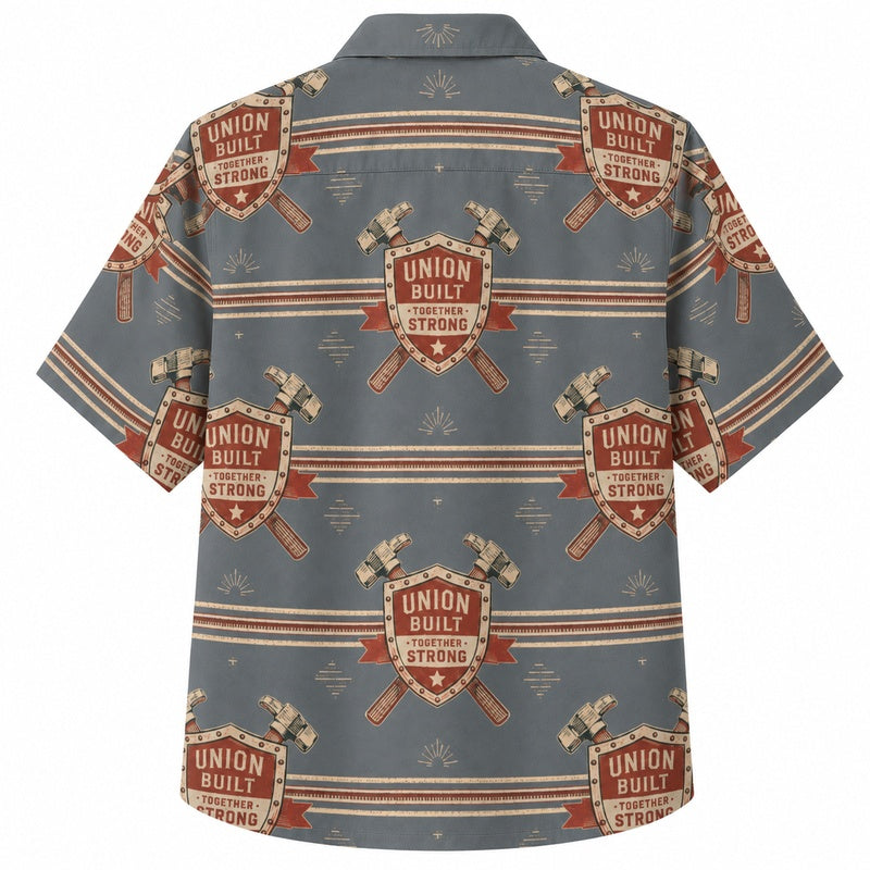 Labor Day Hawaiian Shirt- Workshop Tools and Union Emblem for Summer