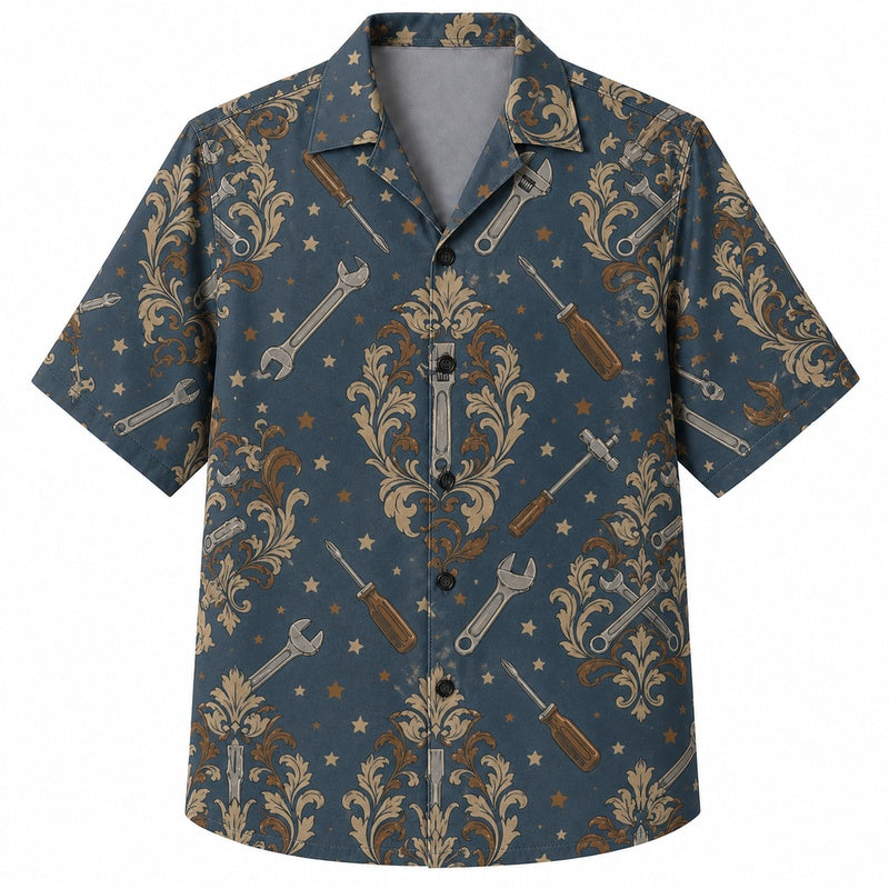 Labor Day Hawaiian Shirt - Wrench Damask & Star Scroll Print for Men
