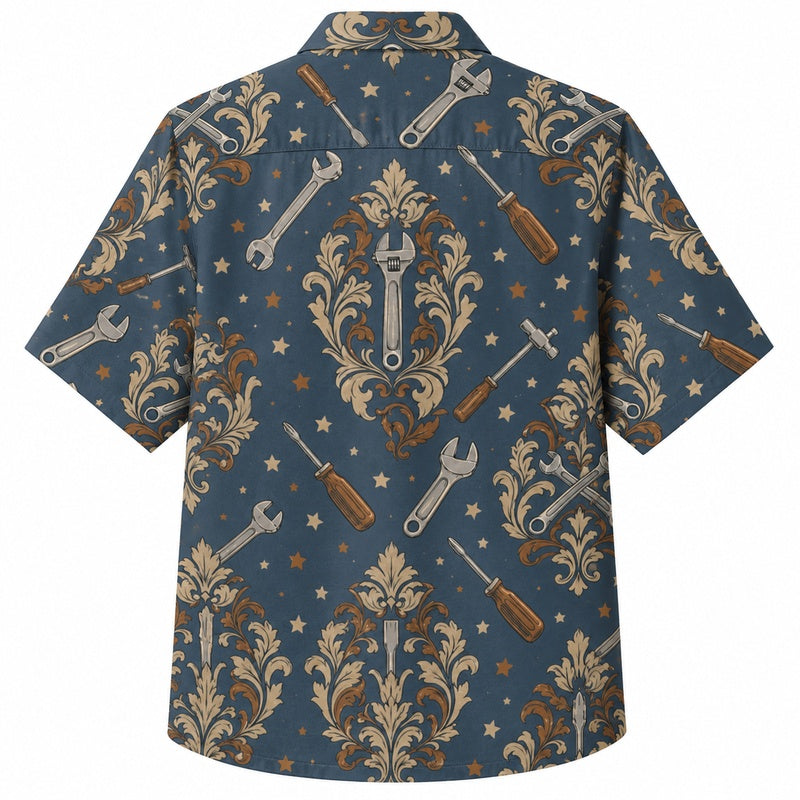 Labor Day Hawaiian Shirt - Wrench Damask & Star Scroll Print for Men