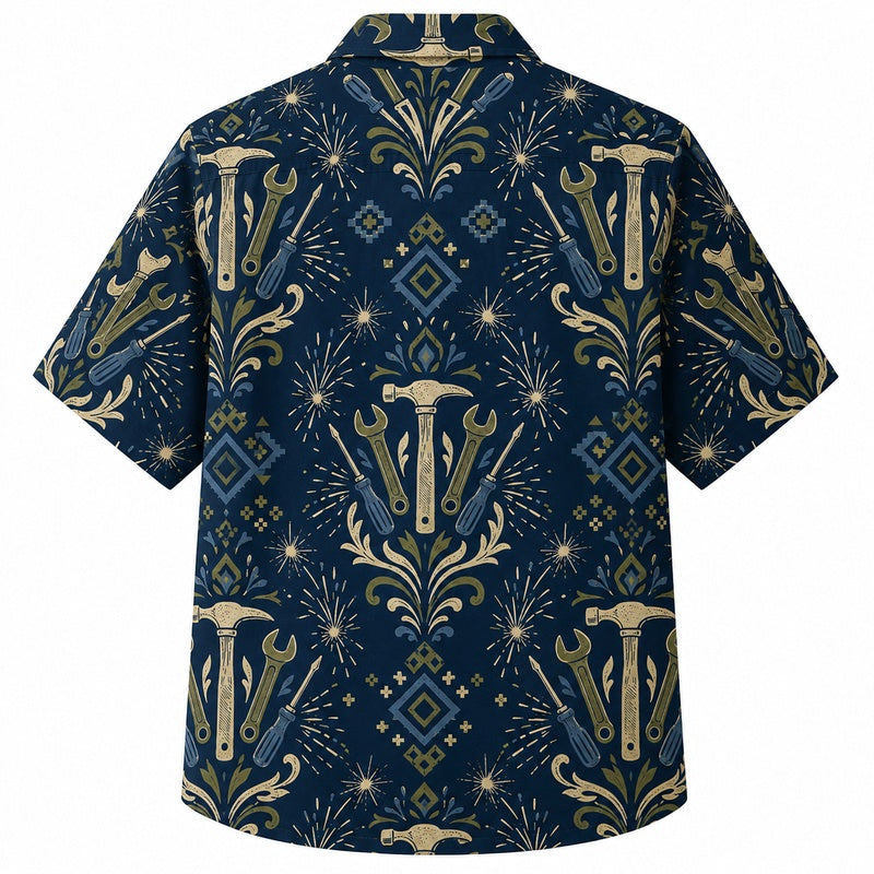 Labor Day Hawaiian Shirt- Wrench Firework Damask Print for the Long Weekend