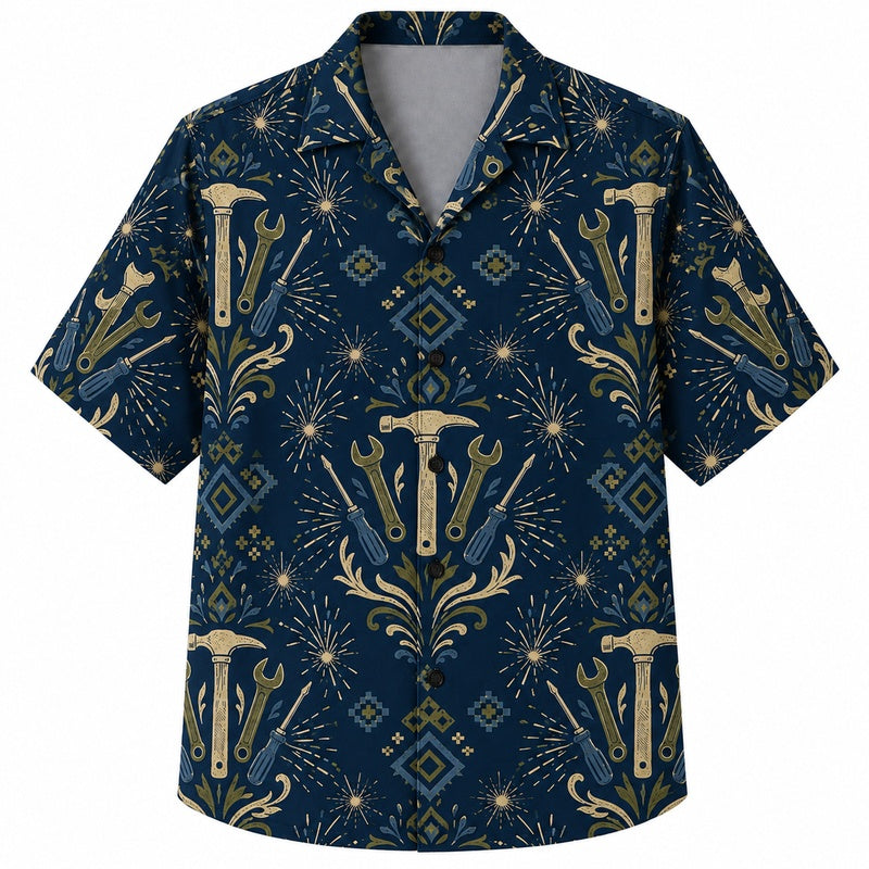Labor Day Hawaiian Shirt- Wrench Firework Damask Print for the Long Weekend