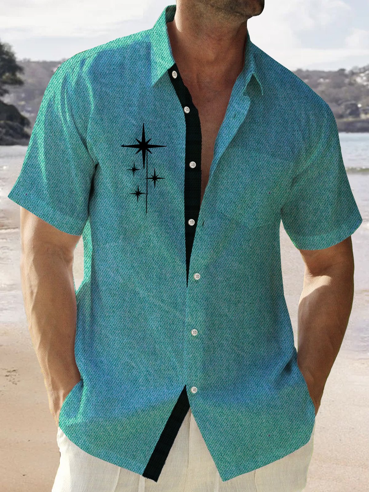 Linen Green Geometric Stripe Print Chest Bag Shirt Plus Hawaiian Shirt