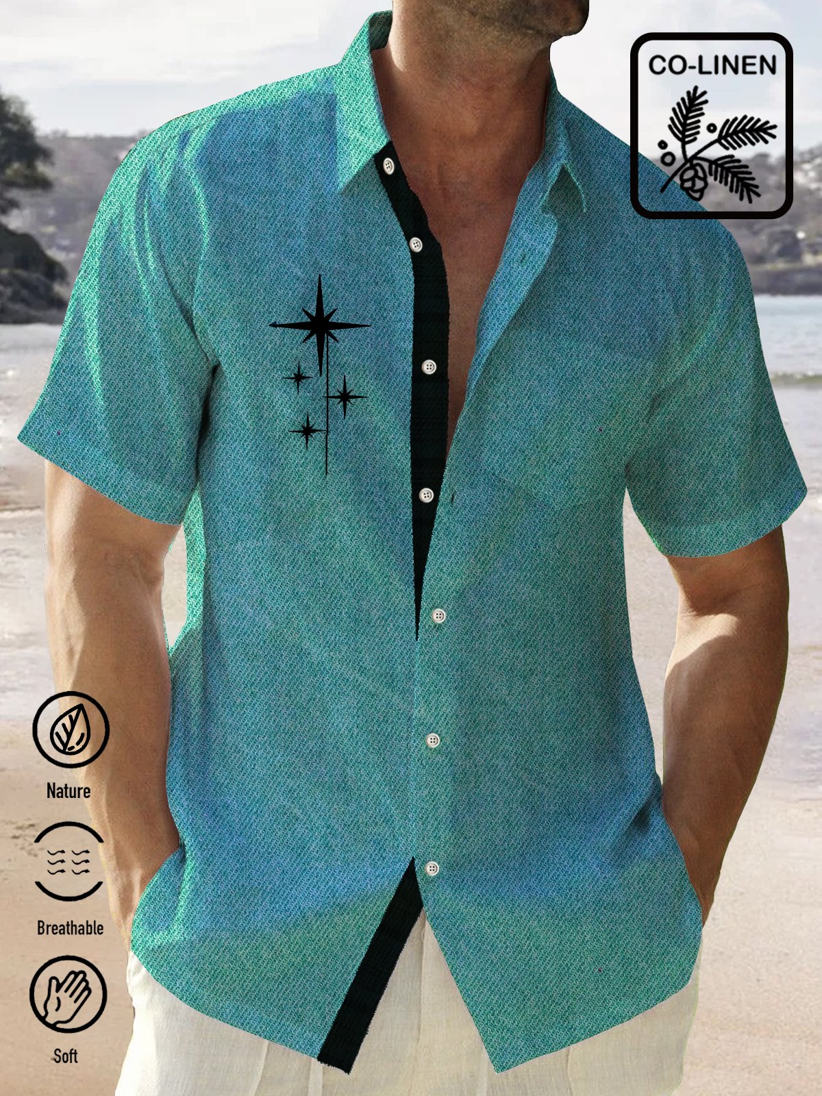 Hawaiian Shirt / Adults / S Linen Green Geometric Stripe Print Chest Bag Shirt Plus Hawaiian Shirt