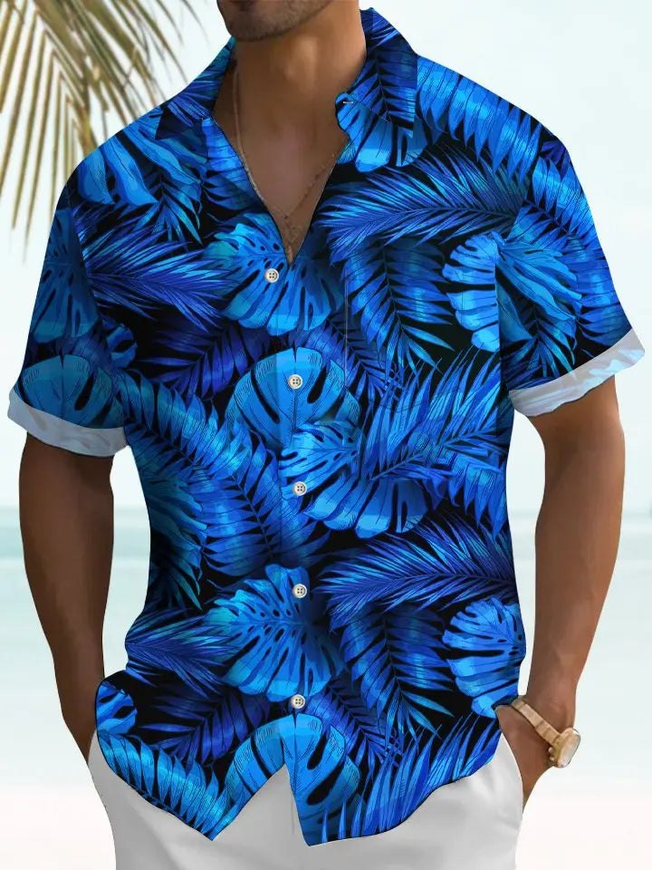 Men's Blue Leaves Printing Casual Hawaiian Shirt
