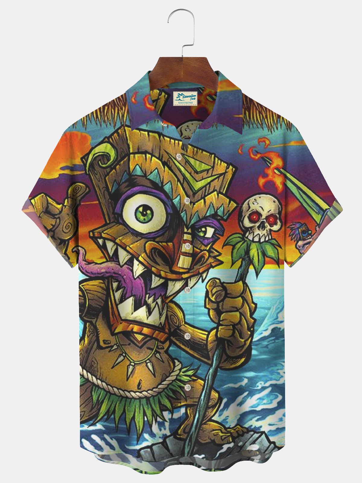 Hawaiian Shirt / Adults / S Mens Hawaii Tiki Print Front Buttons Soft Breathable Casual Hawaiian Shirt