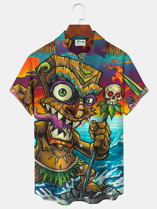 Hawaiian Shirt / Adults / S Mens Hawaii Tiki Print Front Buttons Soft Breathable Casual Hawaiian Shirt