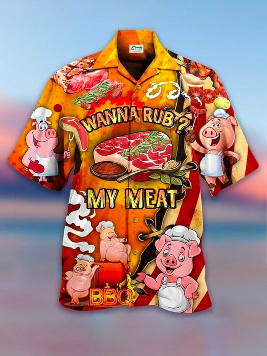 Hawaiian Shirt / Adults / S Men's Holiday Pork Food Wanna Rub My Meat Pattern Hawaiian Button Up Hawaiian Shirt