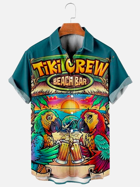 Hawaiian Shirt / Adults / S Men's Parrot Tiki Bar Print Loose Hawaiian Shirt