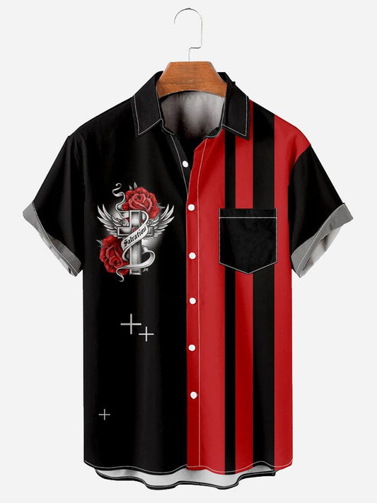 Hawaiian Shirt / Adults / S Men's Rose Cross Print Casual Vintage Bowling Hawaiian Shirt