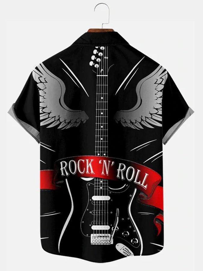 Men's Simple Casual Music Electric Guitar Splicing Lapel Hawaiian Shirt