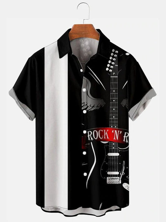 Hawaiian Shirt / Adults / S Men's Simple Casual Music Electric Guitar Splicing Lapel Hawaiian Shirt