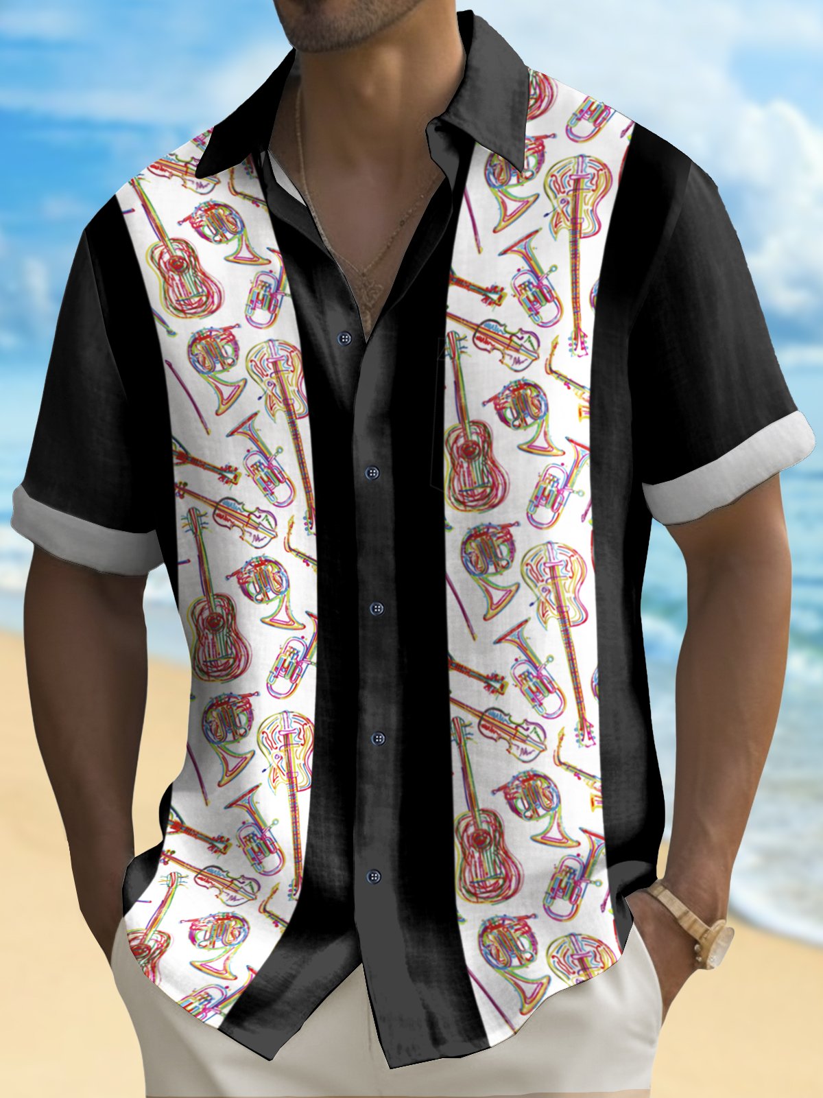 Men's Vintage Bowling Instrument Guitar Print Casual Hawaiian Shirt