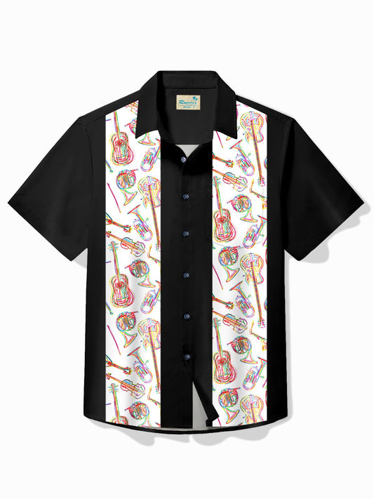 Hawaiian Shirt / Adults / S Men's Vintage Bowling Instrument Guitar Print Casual Hawaiian Shirt