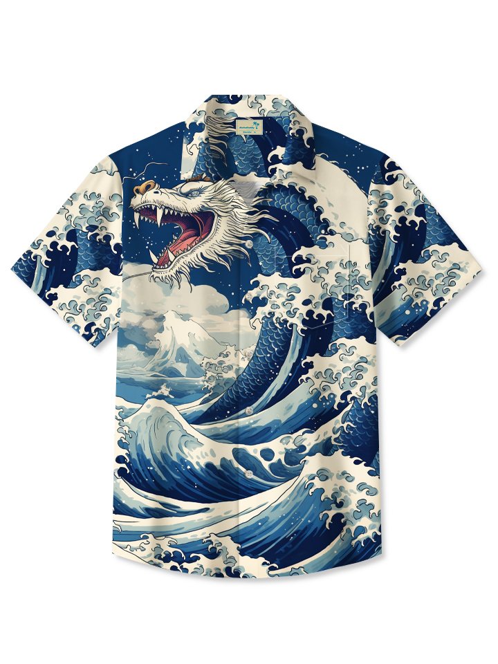 Hawaiian Shirt / Adults / S Men's Vintage Japanese Ukiyoe Wave Dragon Hawaiian Shirt