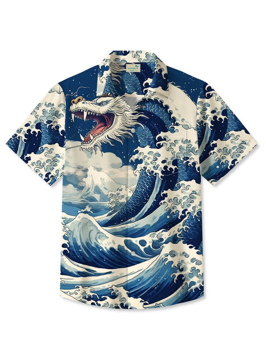 Hawaiian Shirt / Adults / S Men's Vintage Japanese Ukiyoe Wave Dragon Hawaiian Shirt