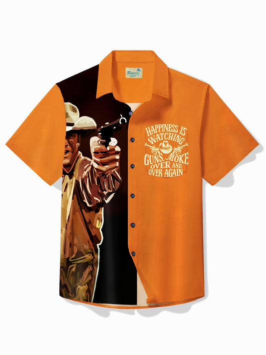 Hawaiian Shirt / Adults / S Men's Vintage Red Dead Redemption Contrast Color Gunsmoke English Print Hawaiian Shirt