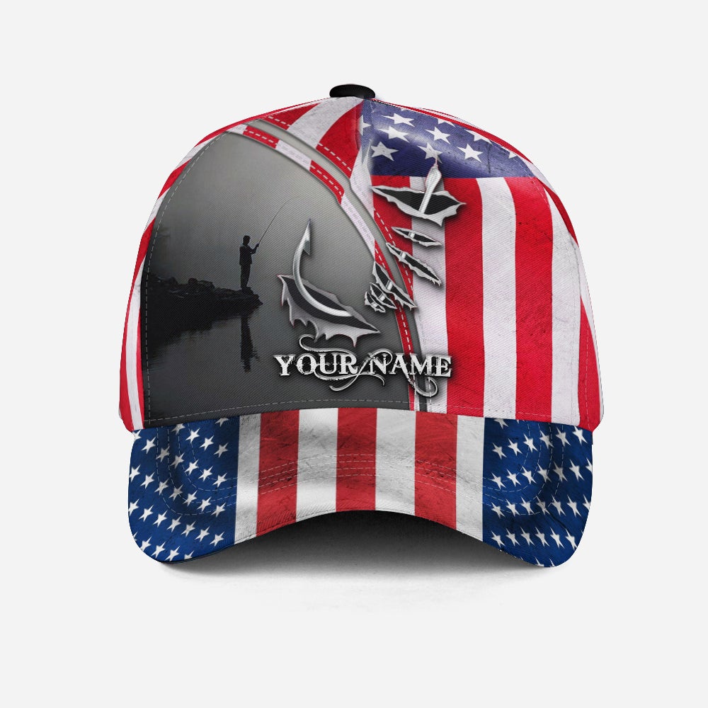 Custom Fishing Hook American Flag Personalized Name – Classic Cap