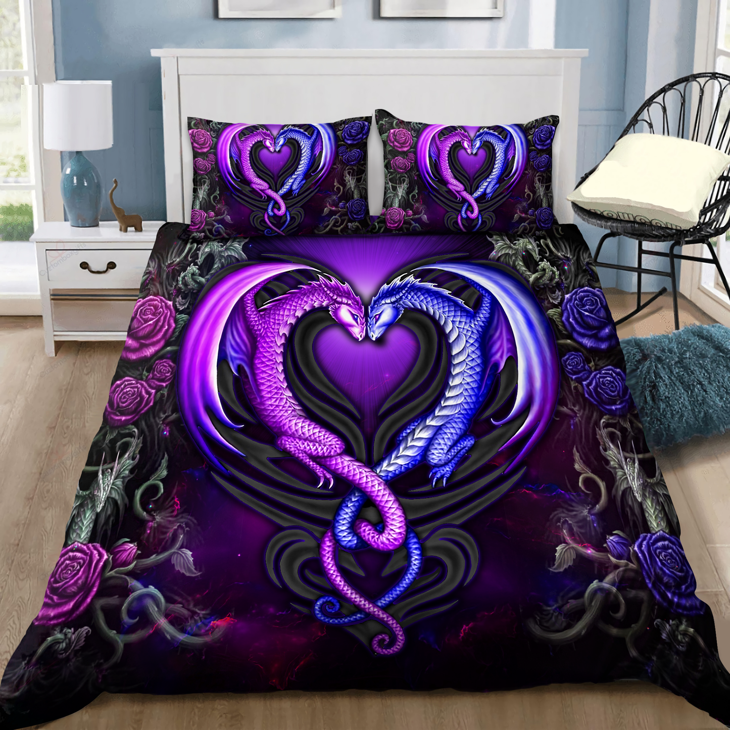 Dragon Heart Love Rose Bedding Cover For Fantasy Bedroom Decor