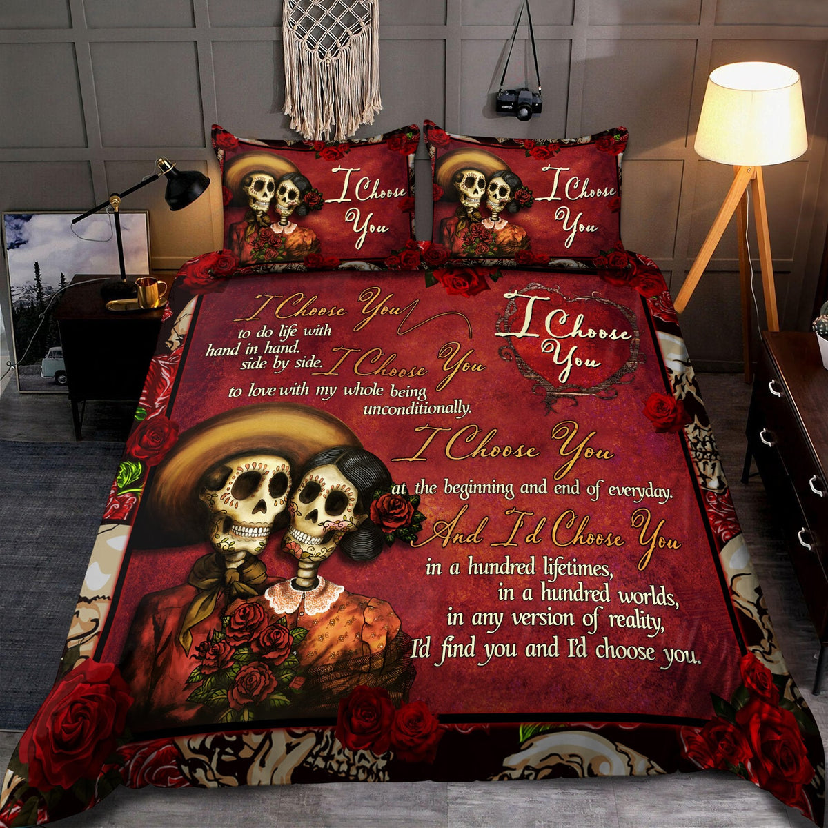 Sugar Skull Couple Love Gift Bedding Cover For Gothic Bedroom Decor