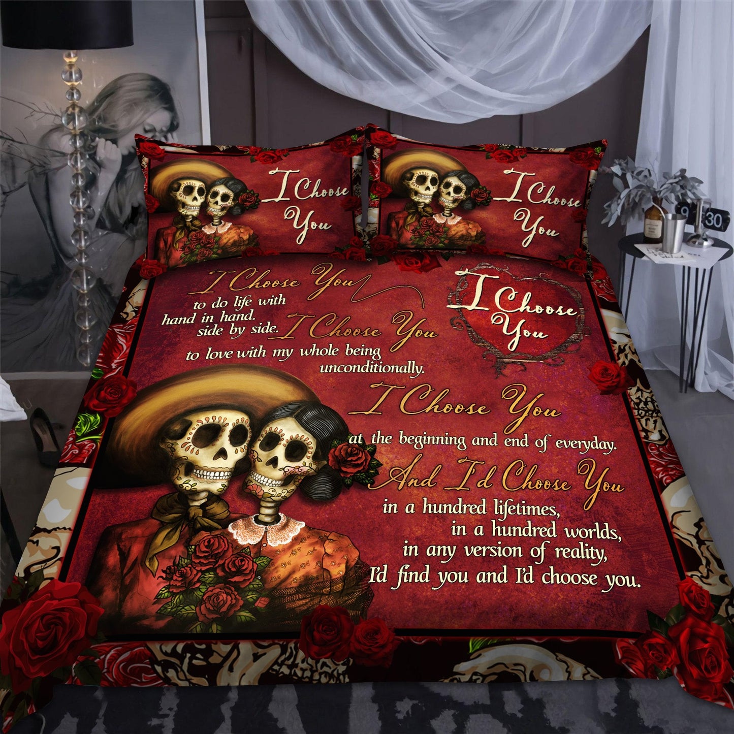 Sugar Skull Couple Love Gift Bedding Cover For Gothic Bedroom Decor