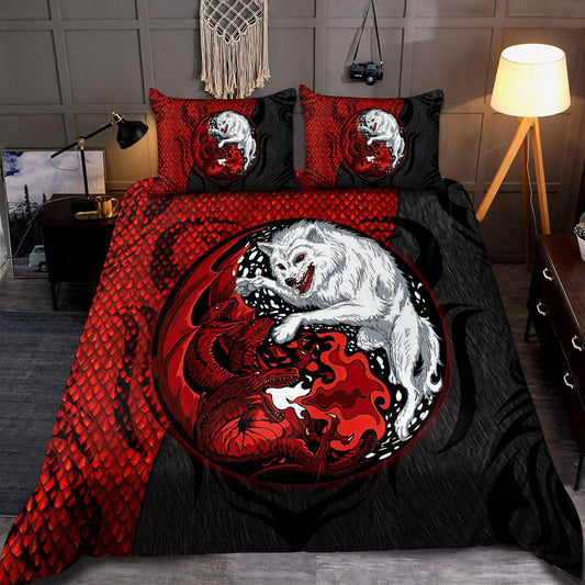 Red And Black Dragon And Wolf Fantasy Bedding Cover For Fantasy Bedroom Decor