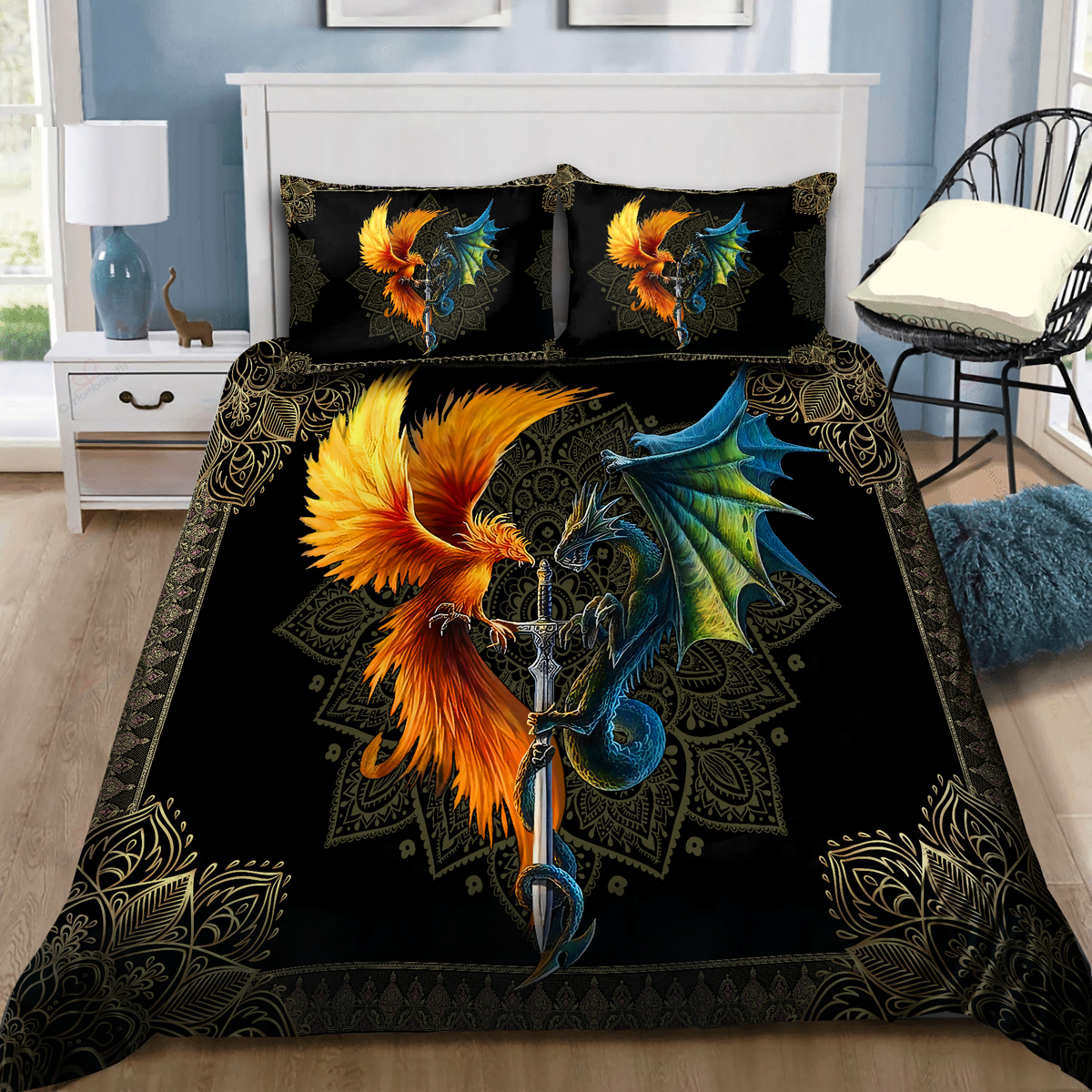 Dragon Phoenix Sword Bedding Cover For Fantasy Bedroom Decor