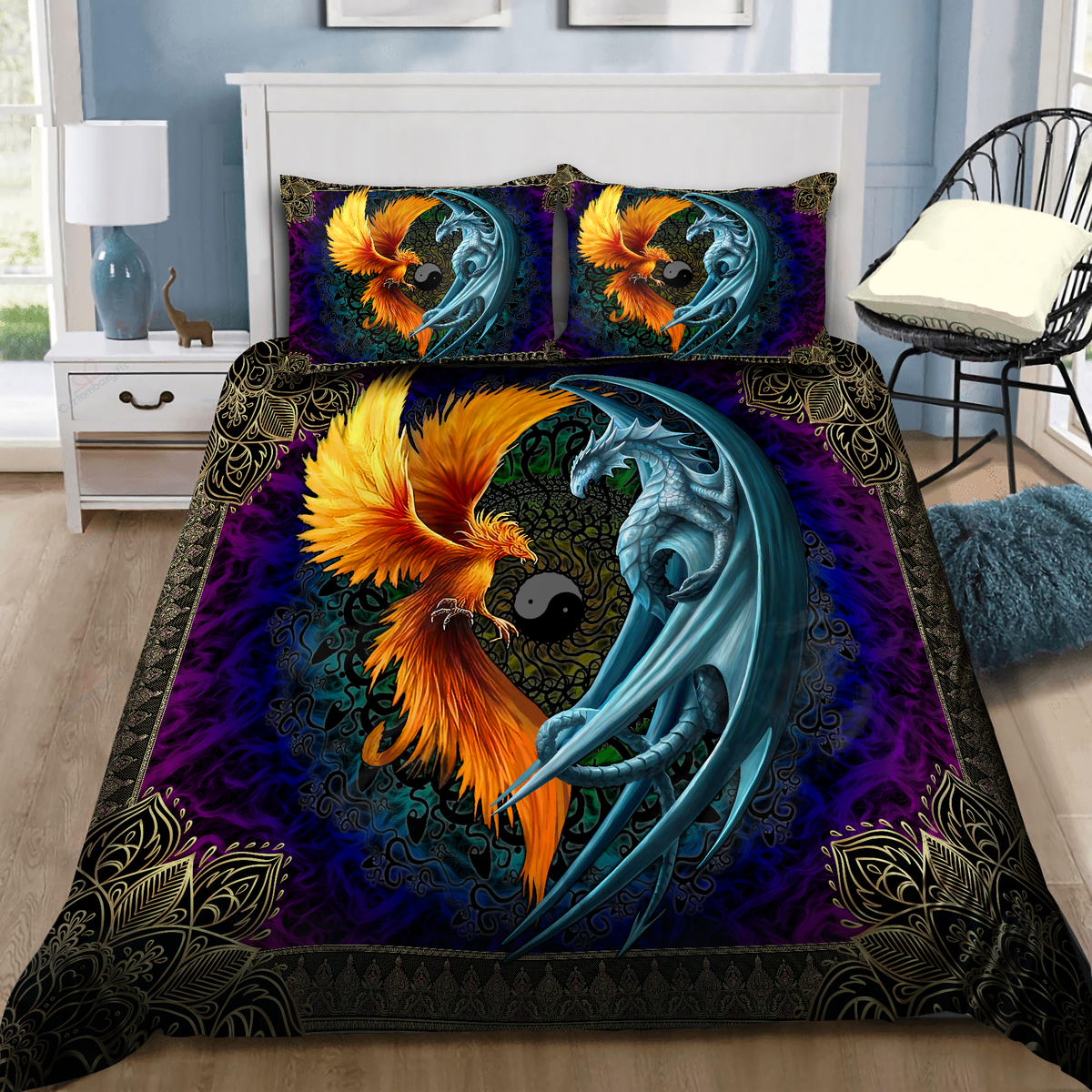 Purple Dragon Phoenix Bedding Cover For Fantasy Bedroom Decor