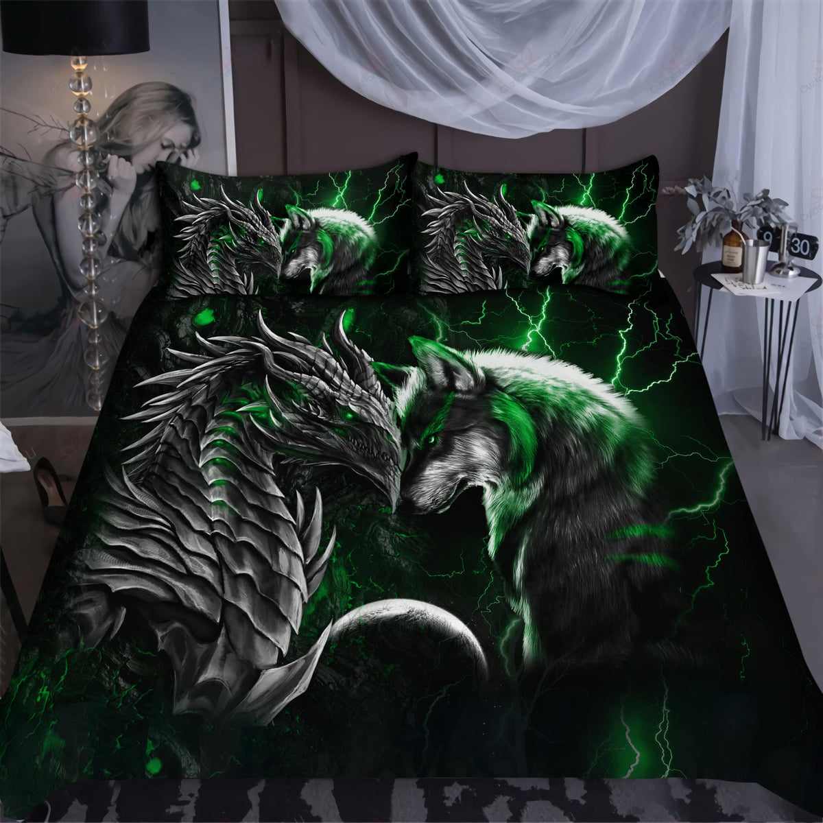 Green Dragon And Wolf Fantasy Bedding Cover For Fantasy Bedroom Decor