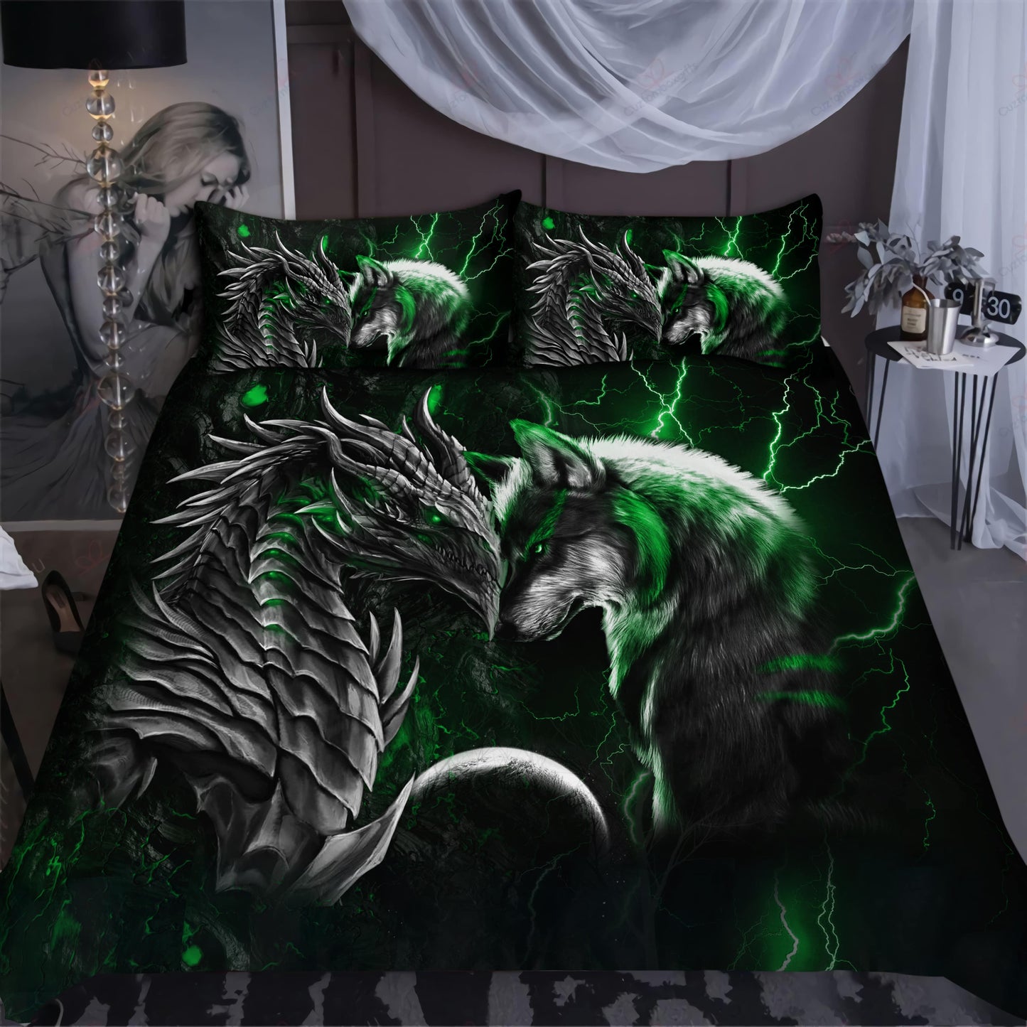 Green Dragon And Wolf Fantasy Bedding Cover For Fantasy Bedroom Decor