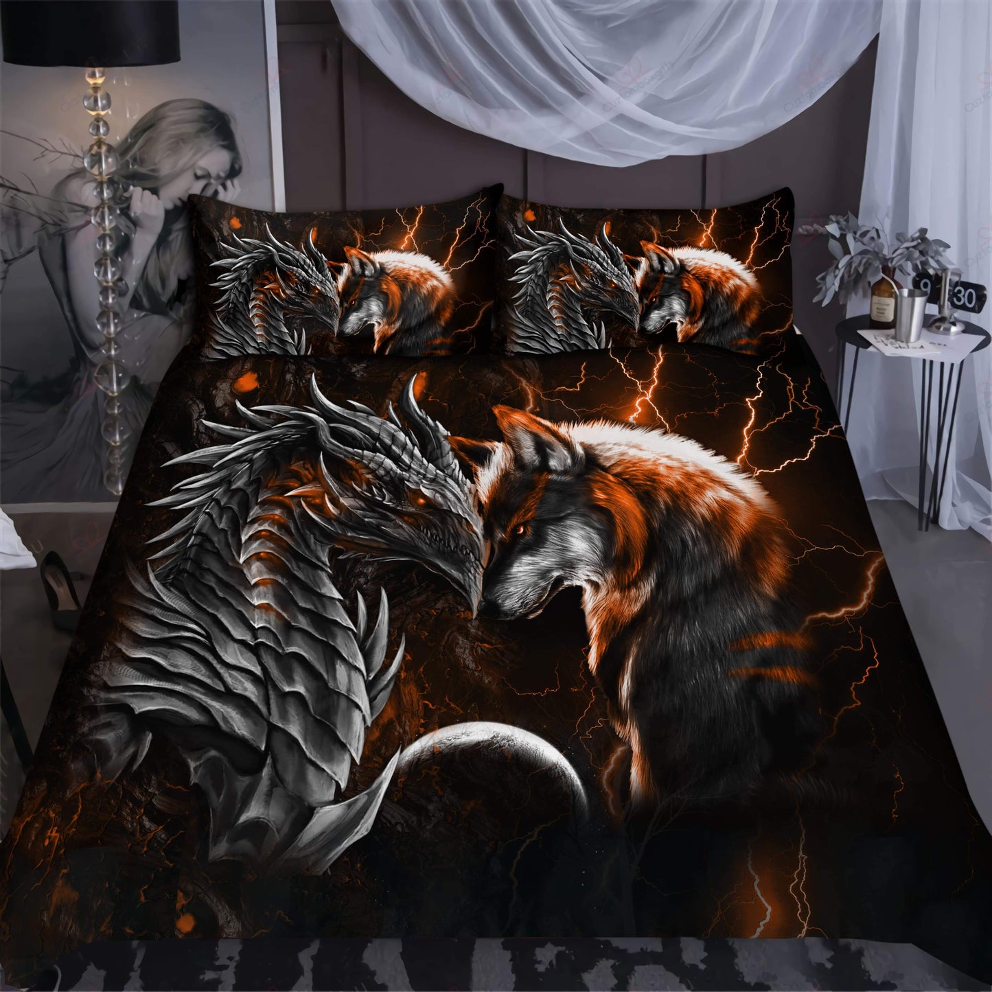 Orange Dragon And Wolf Fantasy Bedding Cover For Fantasy Bedroom Decor