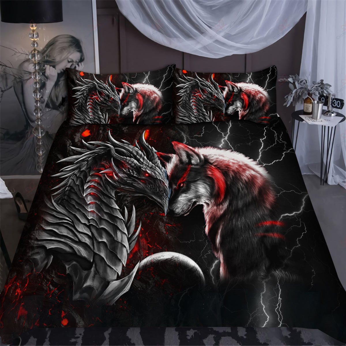 Red Dragon And Wolf Fantasy Bedding Cover For Fantasy Bedroom Decor