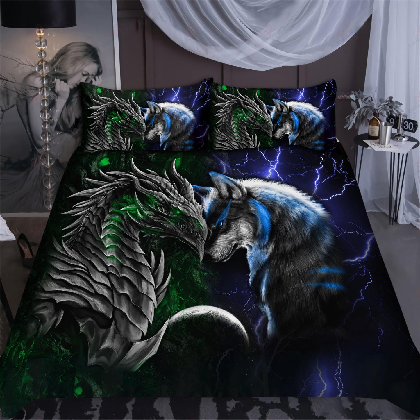 Green And Blue Dragon And Wolf Fantasy Bedding Cover For Fantasy Bedroom Decor