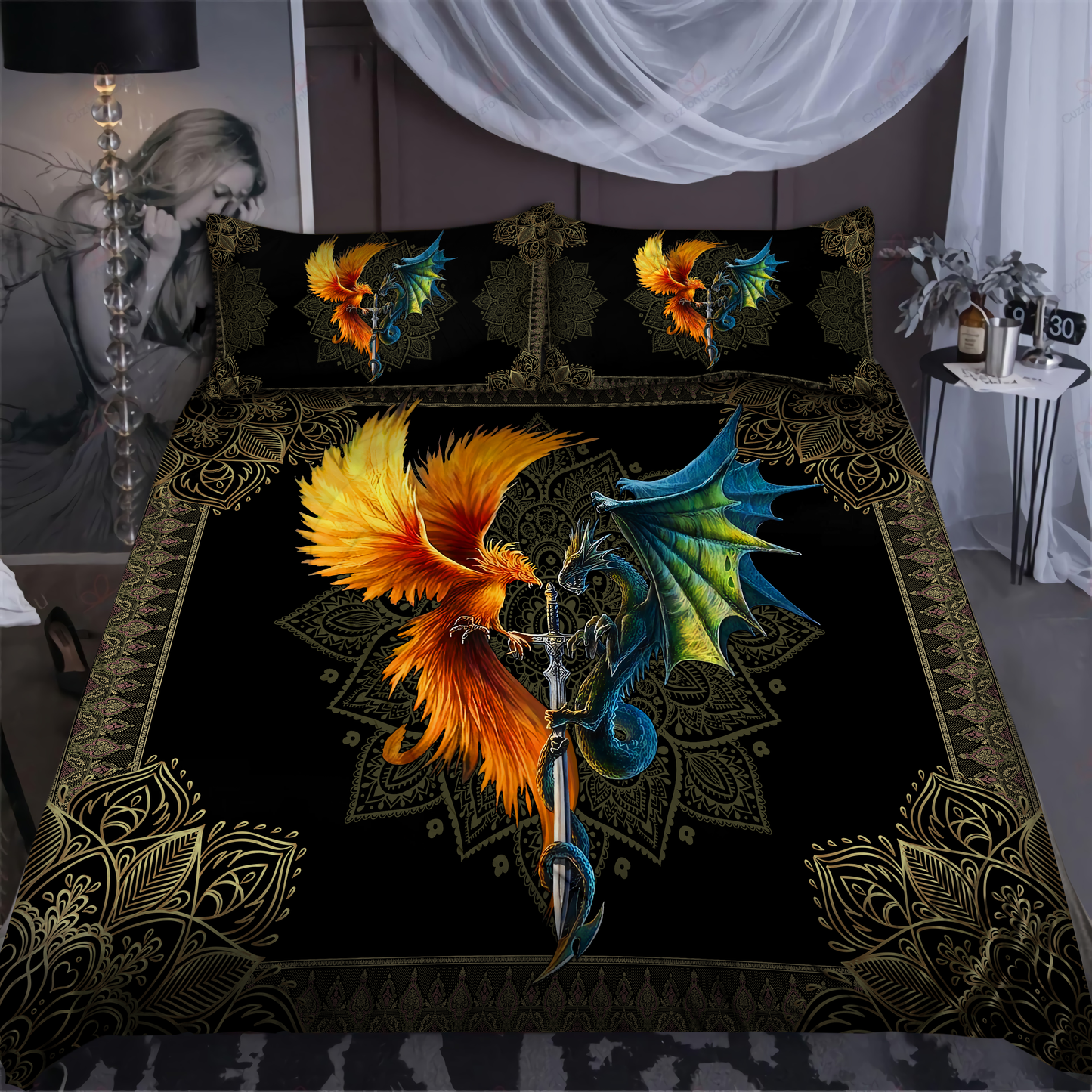 Dragon Phoenix Sword Bedding Cover For Fantasy Bedroom Decor