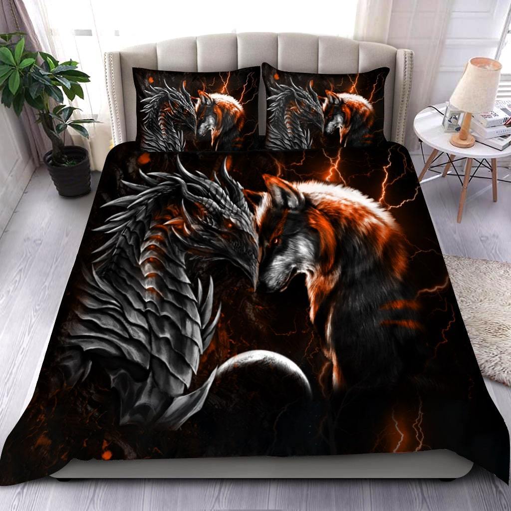 Orange Dragon And Wolf Fantasy Bedding Cover For Fantasy Bedroom Decor
