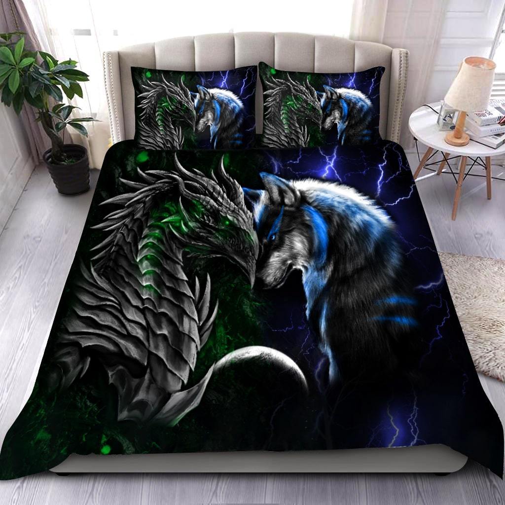 Green And Blue Dragon And Wolf Fantasy Bedding Cover For Fantasy Bedroom Decor