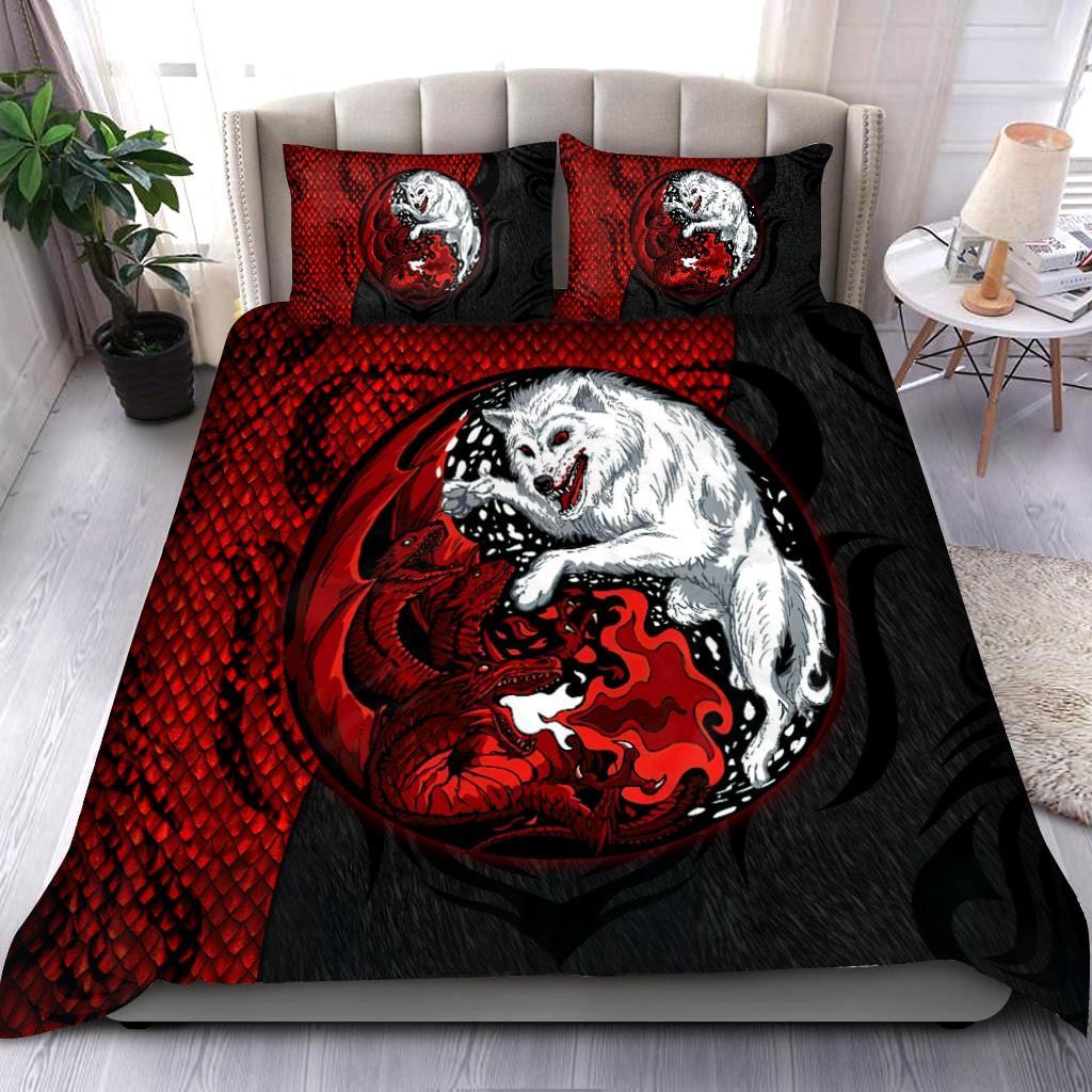 Red And Black Dragon And Wolf Fantasy Bedding Cover For Fantasy Bedroom Decor