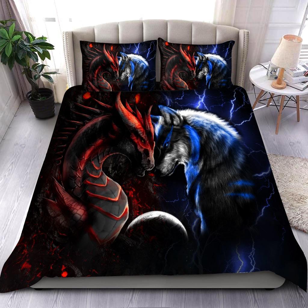 Red And Blue Dragon And Wolf Bedding Cover For Fantasy Bedroom Decor