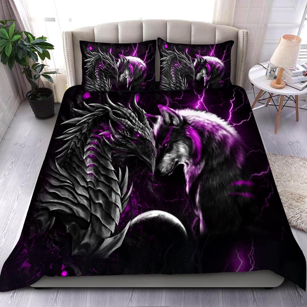 Purple Dragon And Wolf Fantasy Bedding Cover For Fantasy Bedroom Decor